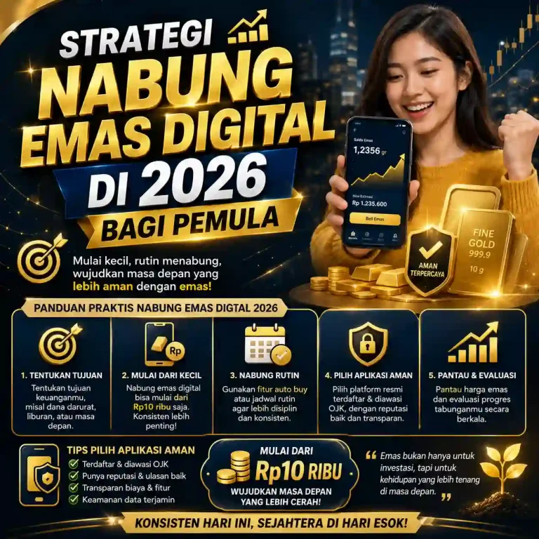 Grafis panduan strategi nabung emas digital untuk pemula di tahun 2026.