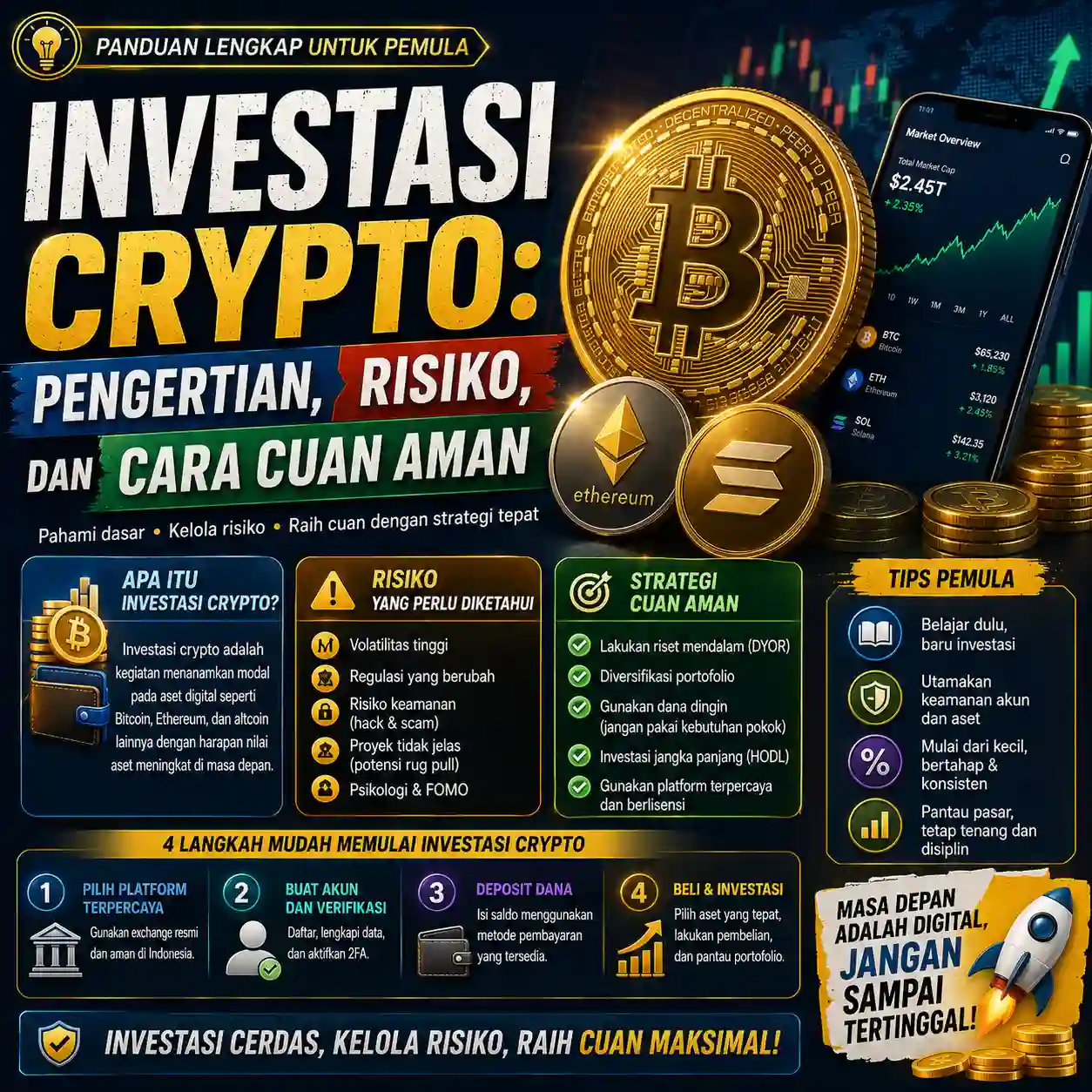 Infografis panduan investasi crypto mengenai pengertian, risiko, dan strategi cara cuan aman untuk pemula.