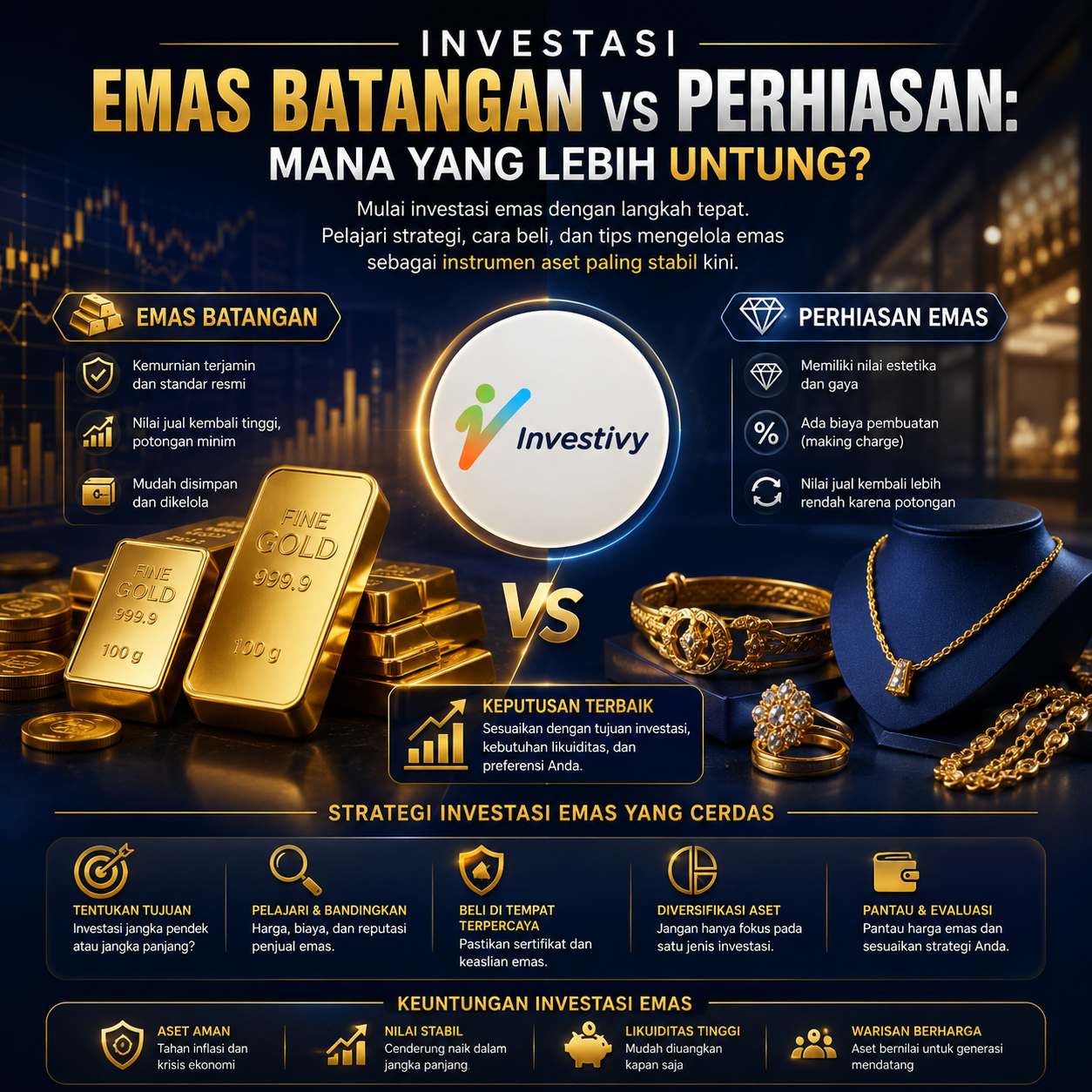 Pilihan investasi emas batangan dibandingkan perhiasan untuk memaksimalkan keuntungan finansial jangka panjang.