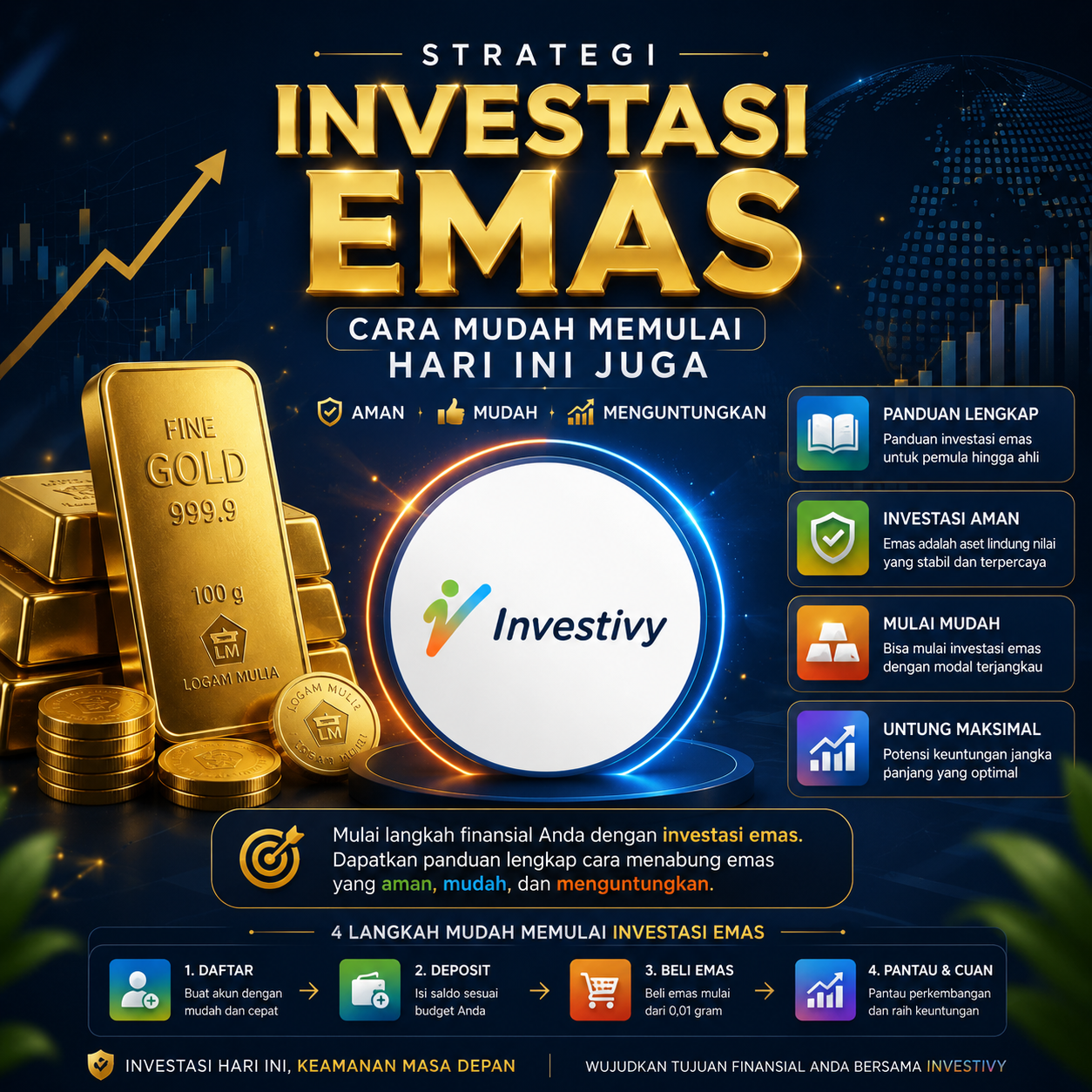 Seseorang sedang memegang kepingan emas batangan di atas meja untuk investasi jangka panjang.